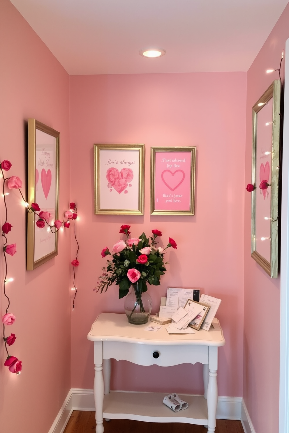 Valentine themed artwork in elegant frames adorns the walls of a cozy hallway. Soft pink and red hues create a romantic atmosphere, complemented by delicate heart motifs and whimsical designs. The hallway is decorated with garlands of faux roses and twinkling string lights. A small console table holds a vase of fresh flowers and a collection of love letters, enhancing the festive ambiance.