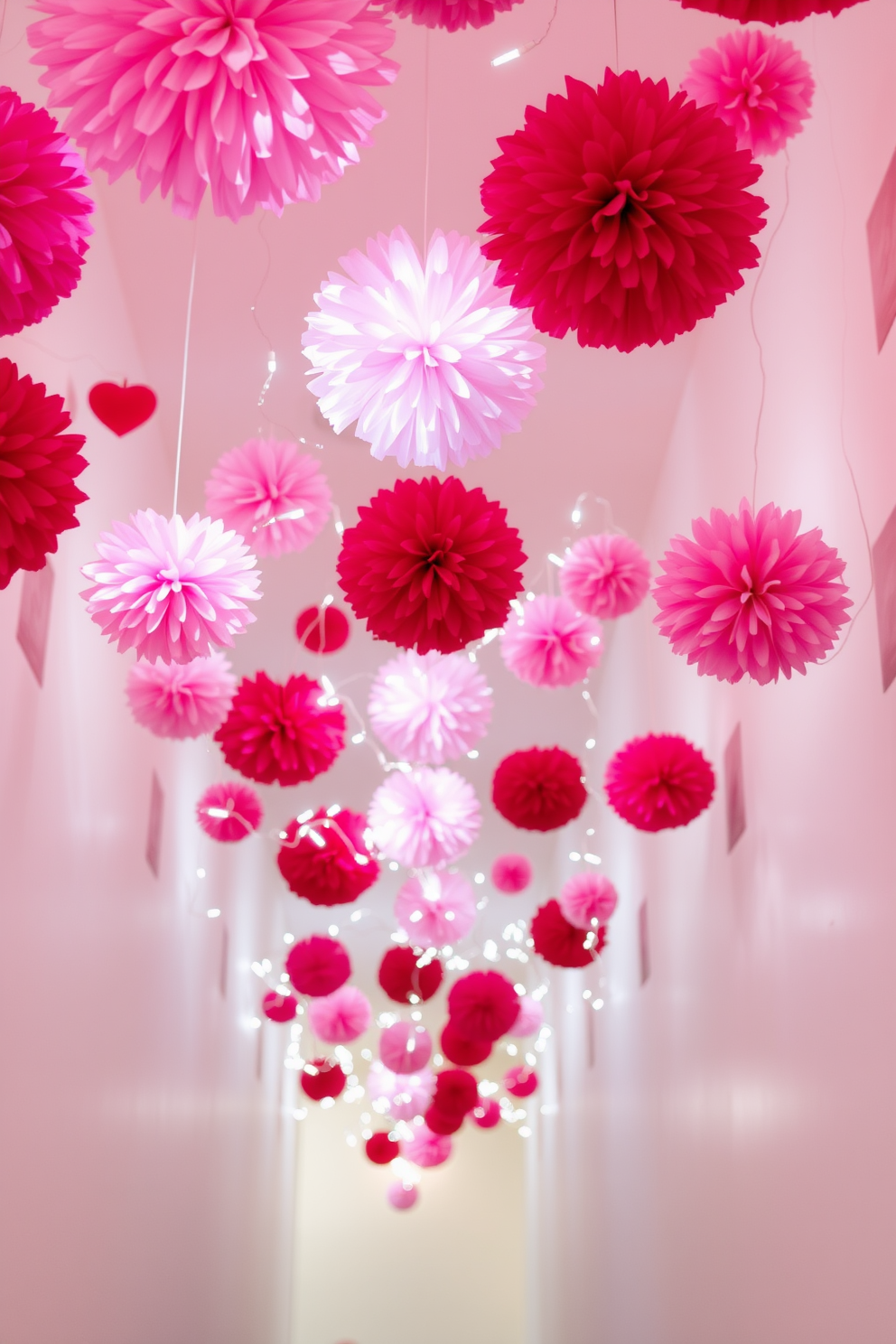 A whimsical hallway adorned with hanging tissue paper pom poms in vibrant shades of pink and red. The pom poms are suspended at varying heights, creating a playful and festive atmosphere for Valentine's Day. Soft fairy lights are intertwined with the pom poms, casting a warm glow throughout the space. The walls are painted in a soft white, providing a bright and cheerful backdrop for the colorful decorations.