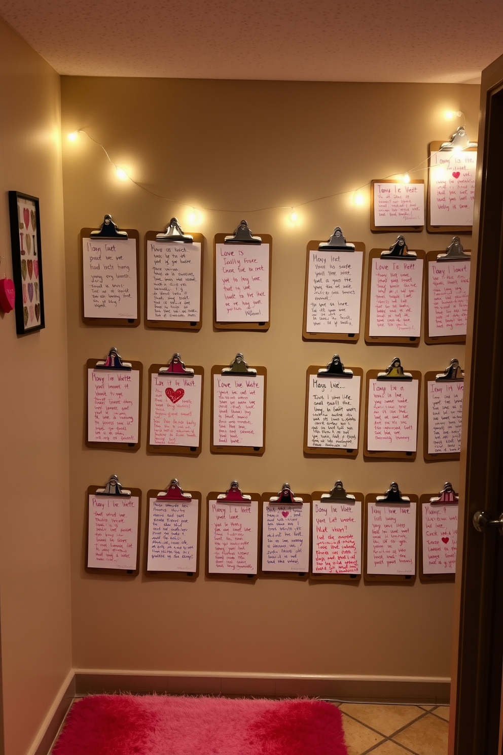 Love notes displayed on clipboards create a warm and inviting atmosphere in the hallway. The clipboards are arranged in a grid pattern on the wall, each showcasing colorful handwritten notes with heartfelt messages. To enhance the Valentine's Day theme, soft string lights are draped above the clipboards, adding a gentle glow. A plush runner in shades of pink and red lines the hallway floor, complementing the love notes beautifully.