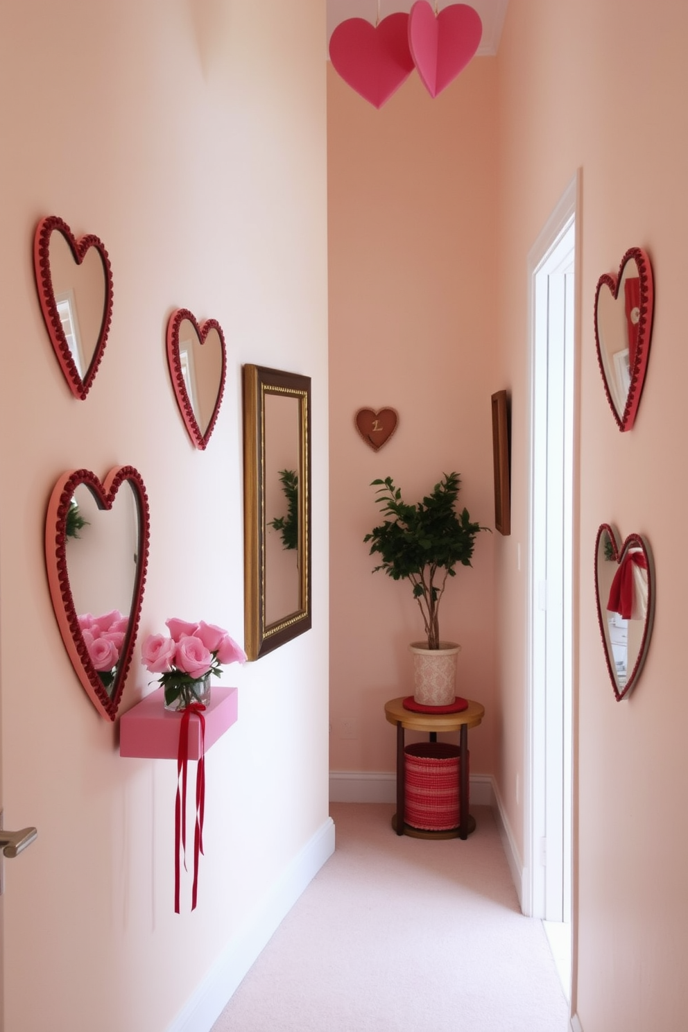 A charming hallway adorned with decorative heart-shaped mirrors on the walls. Soft pink and red accents create a warm and inviting atmosphere perfect for Valentine's Day.