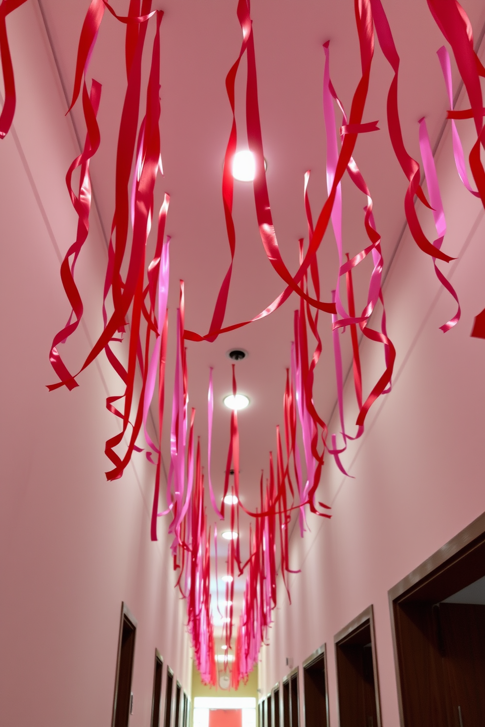 A vibrant hallway adorned with red and pink streamers cascading from the ceiling creates a festive atmosphere for Valentine's Day. The streamers sway gently, adding a playful touch to the space and inviting guests to celebrate love and joy.