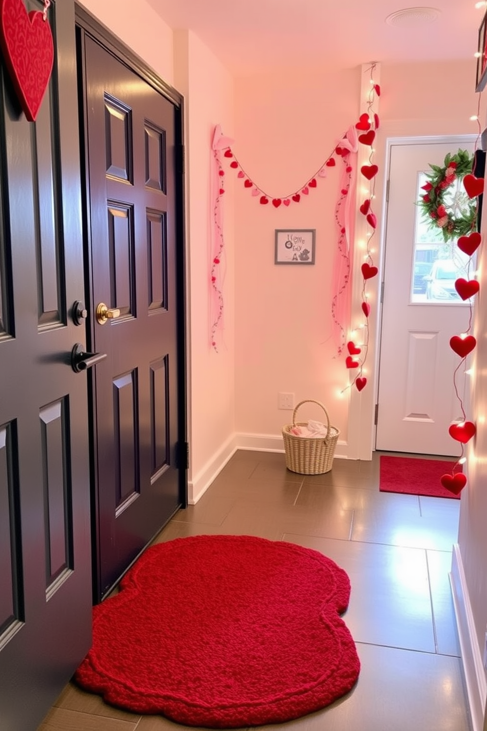 A festive heart-shaped doormat welcomes guests at the entryway, setting a warm and inviting tone for Valentine's Day. The hallway is adorned with soft pink and red decorations, including garlands of hearts and subtle fairy lights that create a cozy atmosphere.