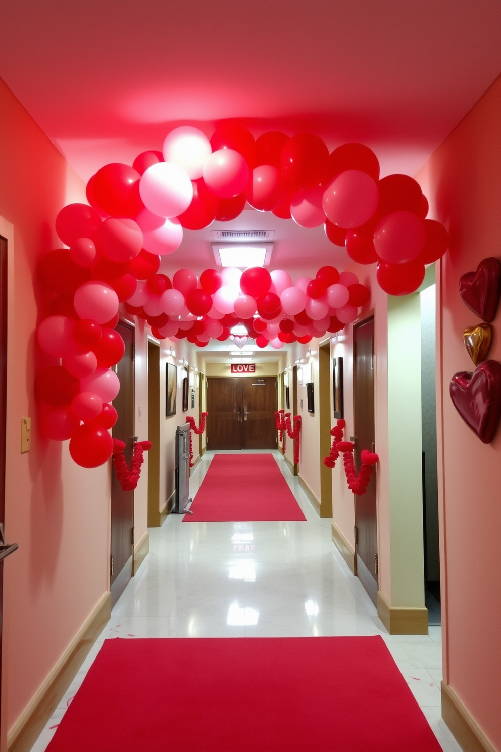 A vibrant entryway adorned with a stunning red and pink balloon arch creates a festive atmosphere for Valentine's Day. The arch is elegantly designed, with varying shades of red and pink balloons arranged in a cascading pattern, welcoming guests with charm and warmth. The hallway leading into the main area is decorated with heart-themed accents, including garlands and wall art that celebrate love. Soft lighting enhances the romantic ambiance, making the space inviting and perfect for the occasion.