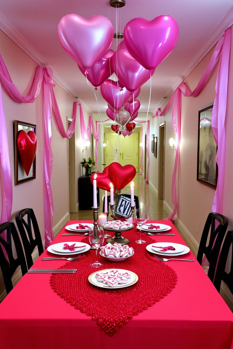 A romantic Valentine themed table is set for an intimate dinner. The table is adorned with a red tablecloth, elegant candles, and an array of heart-shaped treats. The hallway is decorated with soft pink and white streamers. Heart-shaped balloons float above, creating a festive and inviting atmosphere.