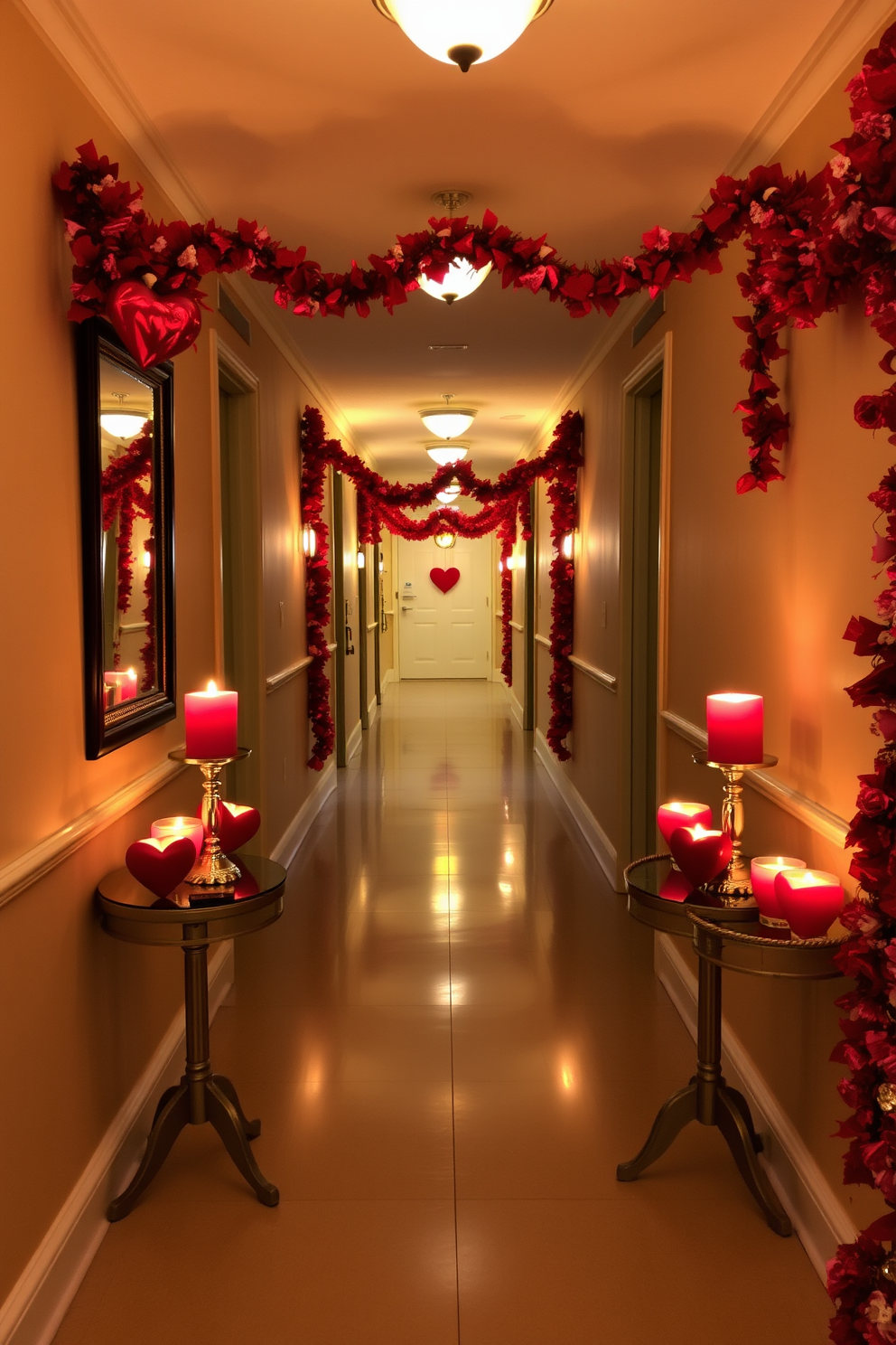 A cozy hallway adorned with heart-shaped candles on elegant side tables creates a romantic atmosphere. Soft, warm lighting enhances the festive spirit, while decorative garlands in shades of red and pink frame the walls, inviting guests to embrace the Valentine's Day theme.