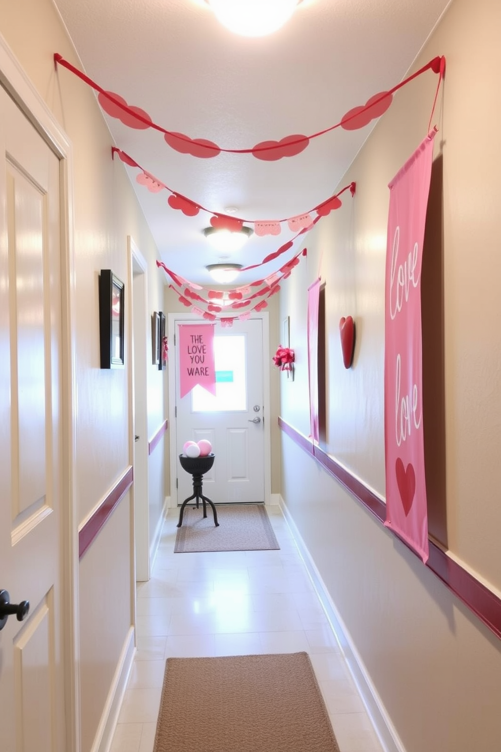 Create a warm and inviting hallway decorated for Valentine's Day. Hang seasonal banners with love messages in soft pink and red tones, creating a romantic atmosphere.