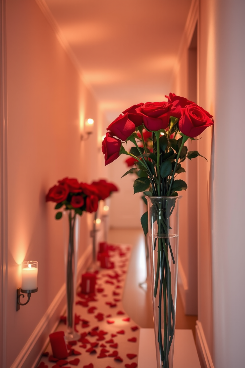 Red roses in elegant glass vases line the hallway creating a romantic atmosphere. Soft candlelight flickers gently on the walls, enhancing the warmth of the Valentine's Day decor.