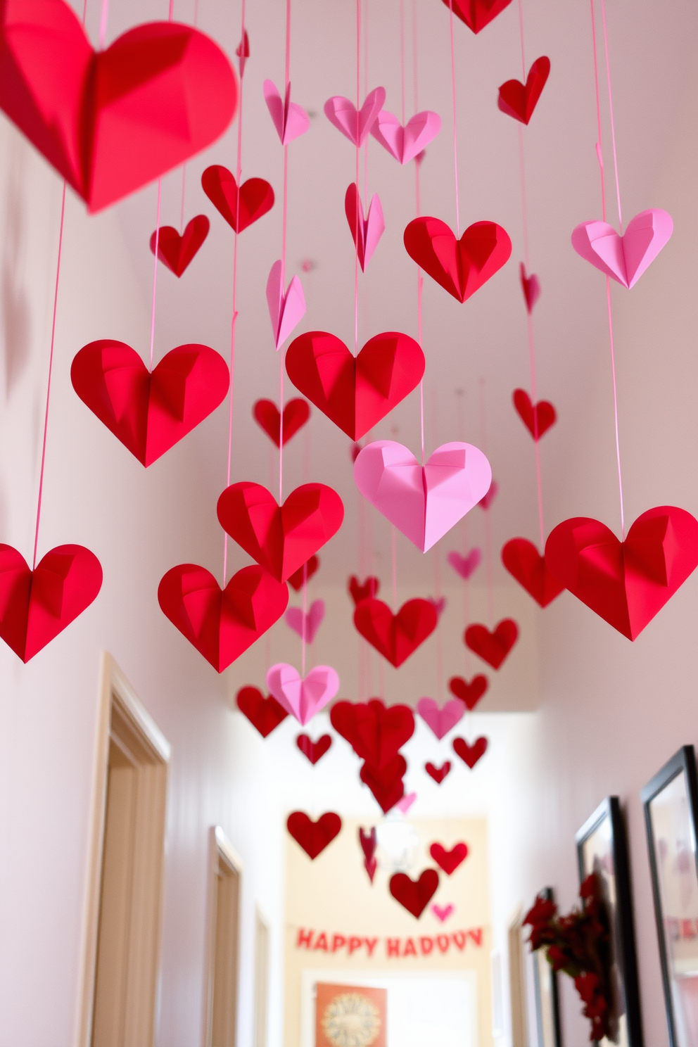 Hanging origami hearts from the ceiling create a whimsical and romantic atmosphere in the hallway. The hearts are crafted in various shades of red and pink, gently swaying with the slightest breeze, adding a playful touch to the Valentine's Day decor.