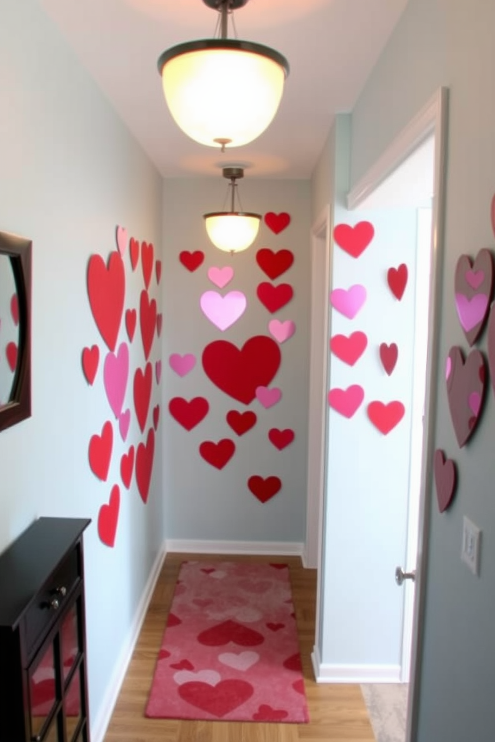 Create a charming hallway decorated for Valentine's Day featuring DIY heart-shaped window clings. The walls are adorned with various sizes of heart clings in vibrant red and pink hues, adding a playful touch to the space.