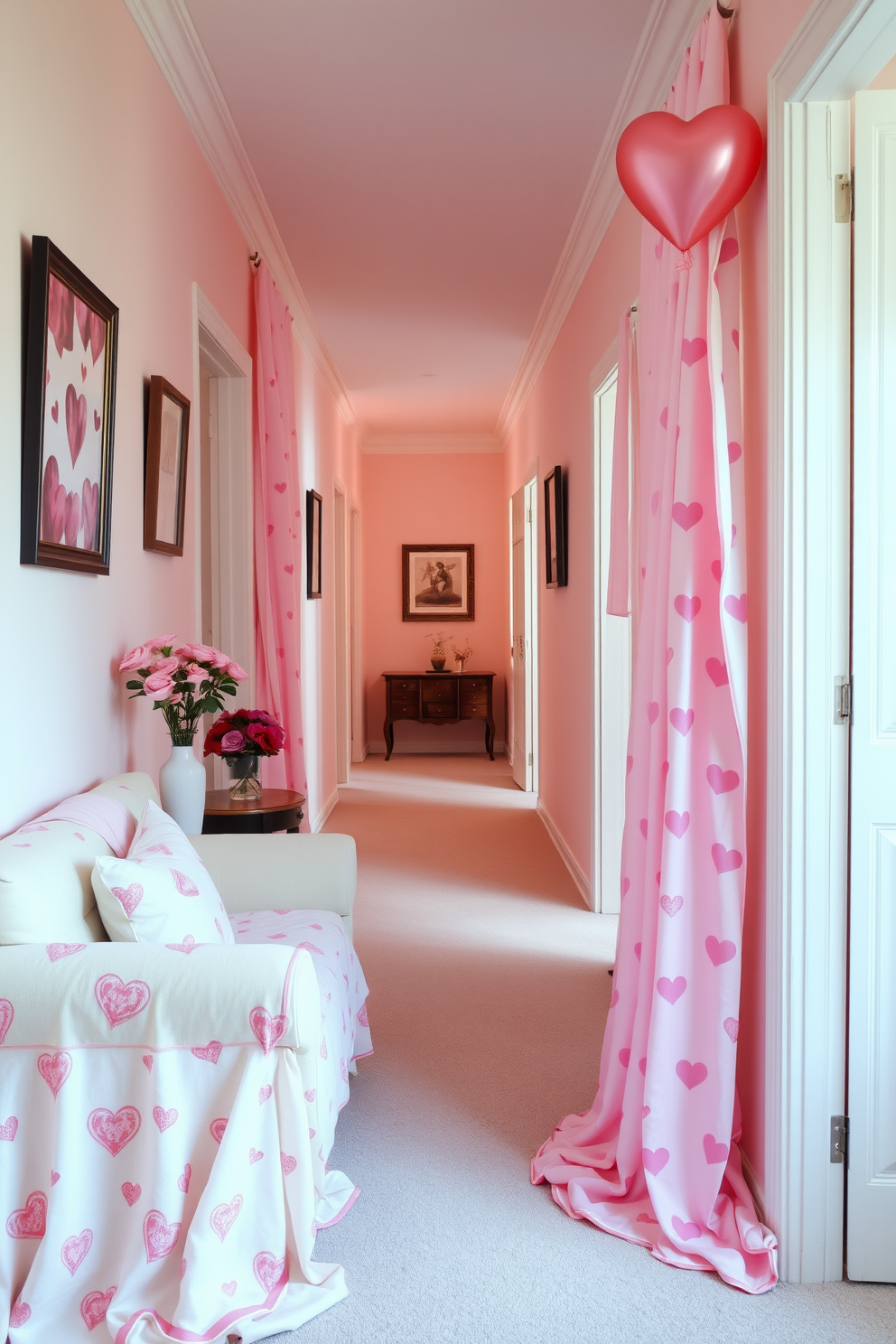 A cozy hallway adorned with Valentine themed fabric draped elegantly over the furniture. Soft pastel colors dominate the space, creating a warm and inviting atmosphere perfect for celebrating love.