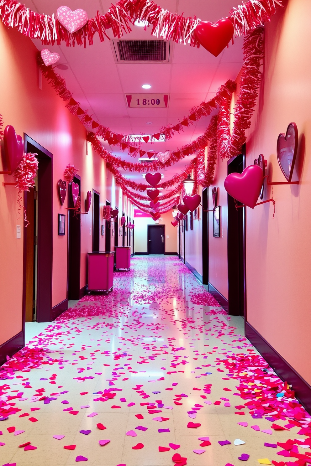 A vibrant hallway decorated for Valentine's Day features colorful heart-shaped confetti scattered across various surfaces. The walls are adorned with festive garlands and soft lighting creates a warm and inviting atmosphere.