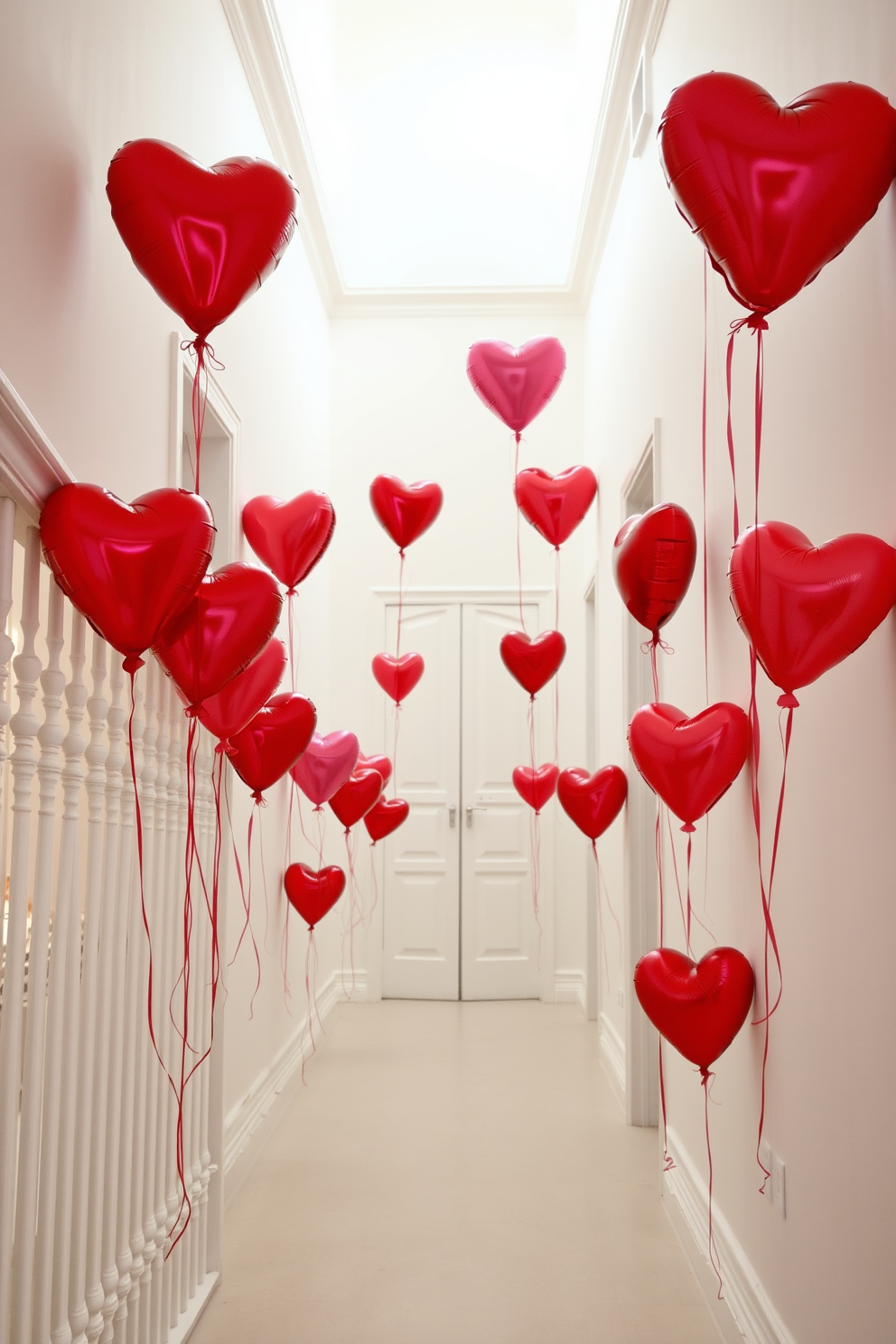 A charming hallway adorned with heart-shaped balloons tied to elegant railings. The balloons are in various shades of red and pink, creating a festive and romantic atmosphere for Valentine's Day.