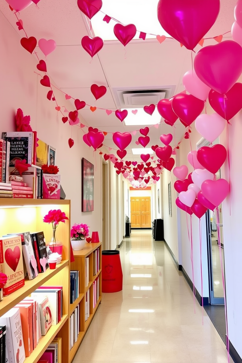 A Valentine themed book display on shelves featuring an array of romantic novels and heart-themed decor. The shelves are adorned with pink and red accents, including decorative heart-shaped objects and fresh flowers. Hallway decorated for Valentine's Day with garlands of hearts hanging from the ceiling. Soft lighting creates a warm atmosphere, complemented by pink and white balloons arranged along the walls.