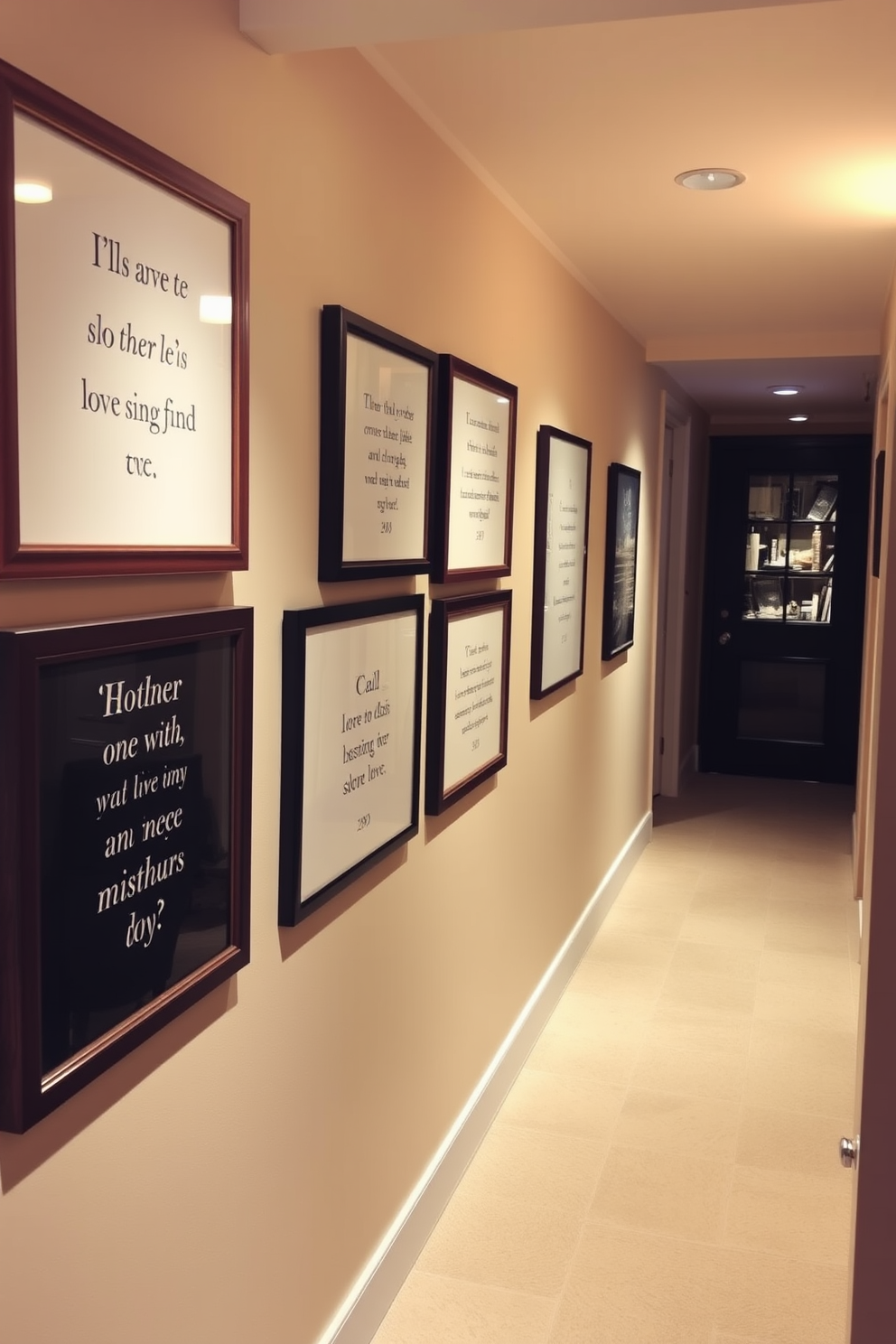 Framed love quotes adorn the walls of a cozy hallway, each elegantly displayed in stylish frames that complement the decor. Soft lighting highlights the quotes, creating a warm and inviting atmosphere perfect for Valentine's Day celebrations.