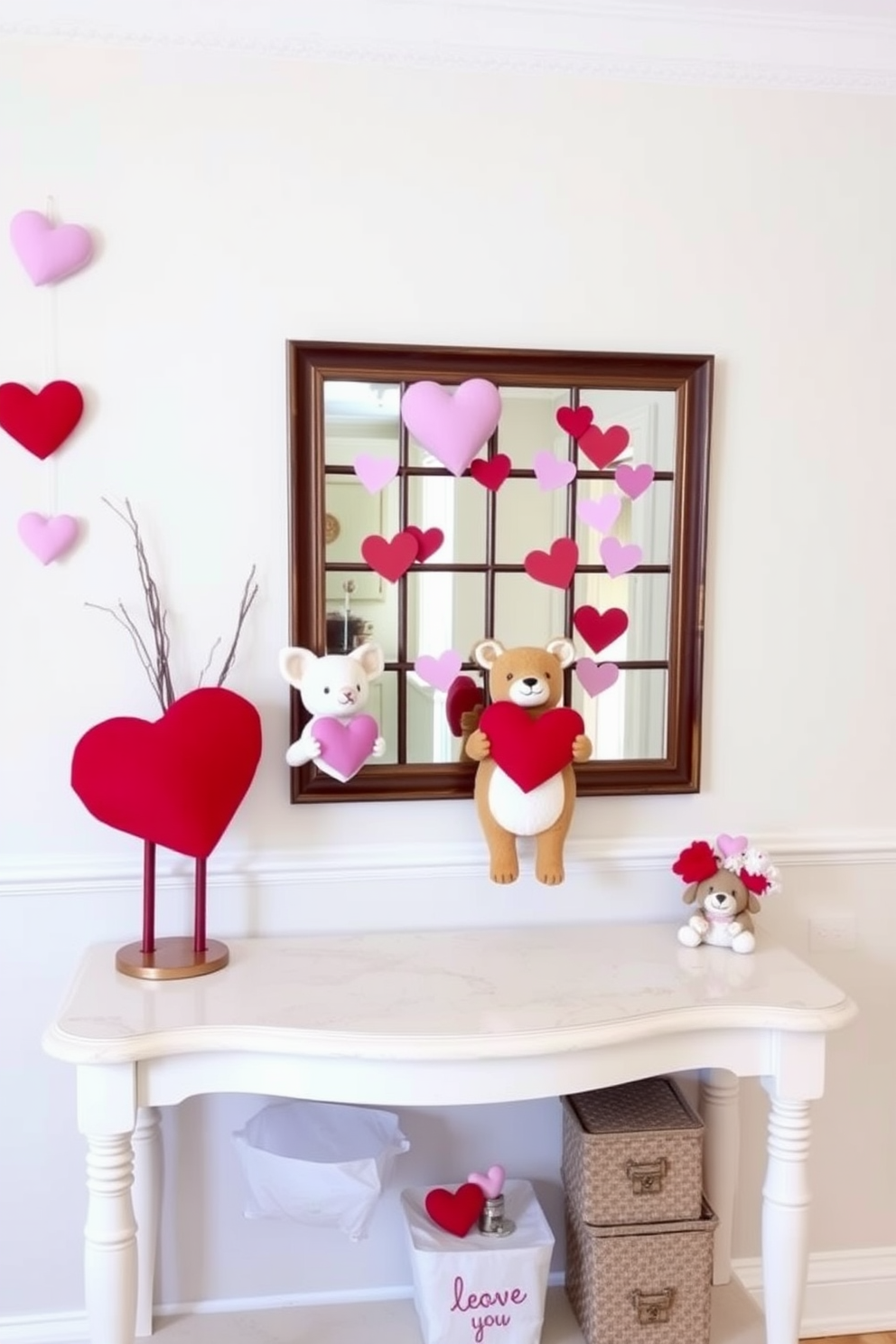 Cute animal figurines holding hearts are placed on a console table in the hallway. The walls are adorned with soft pink and red decorations, creating a warm and inviting atmosphere for Valentine's Day.