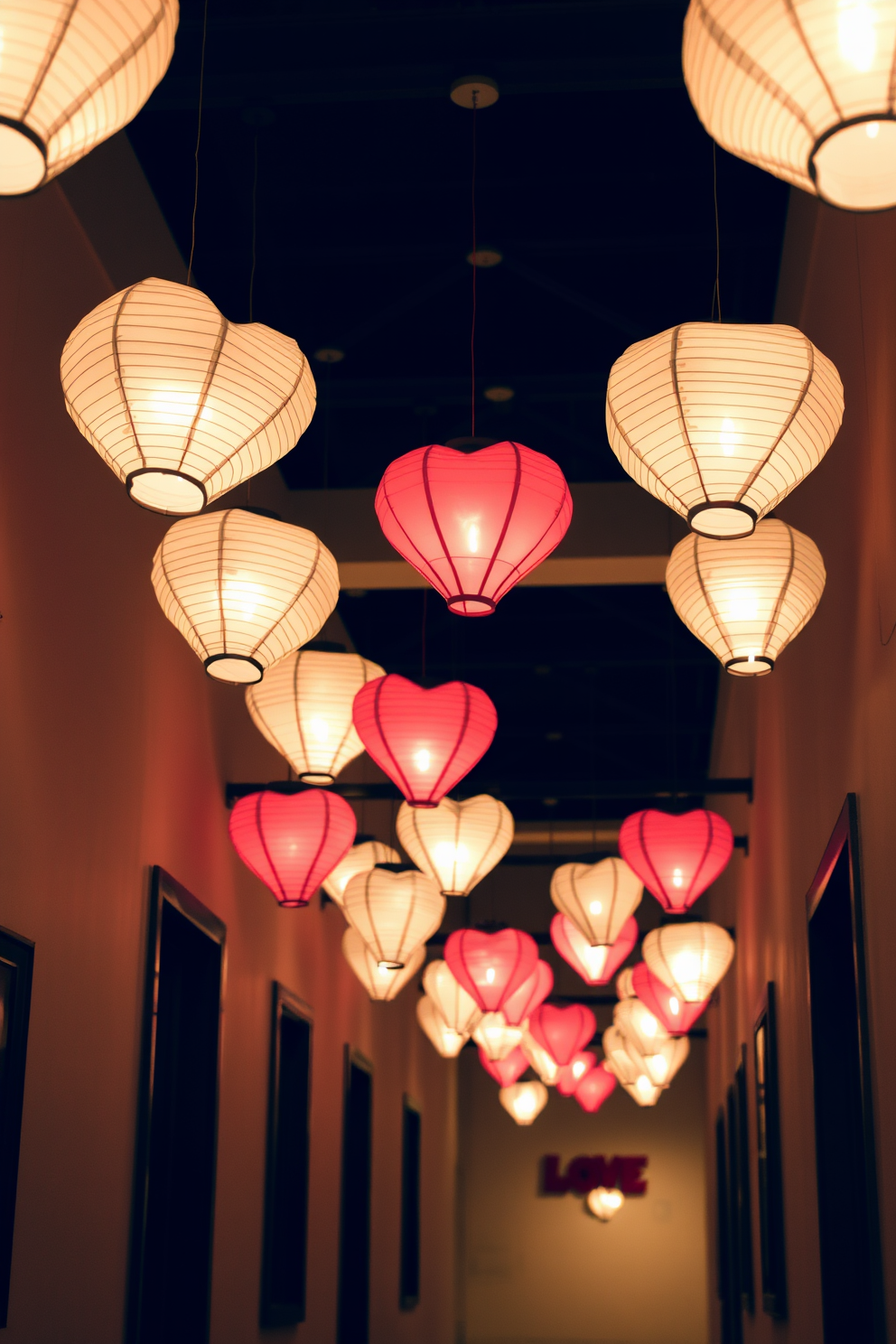 A charming hallway adorned with hanging paper lanterns shaped like hearts. The soft glow of the lanterns creates a warm and inviting atmosphere, perfect for celebrating Valentine's Day.