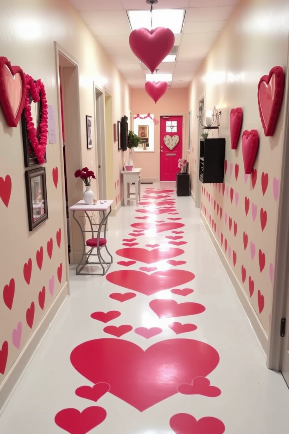 Create a charming hallway decorated for Valentine's Day. The floor features heart-shaped decals in vibrant red and pink, leading guests through a whimsical space adorned with romantic accents.