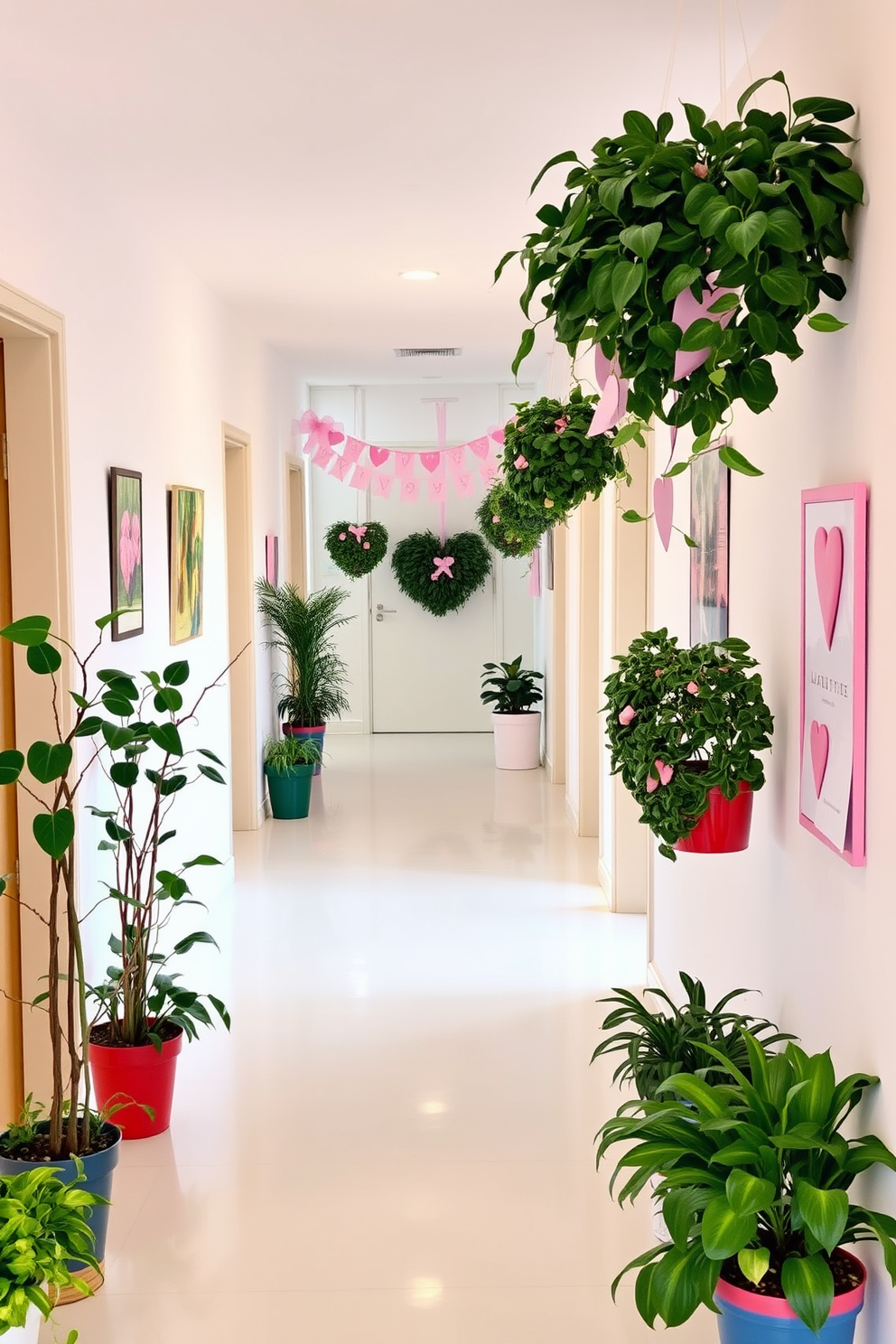 Potted plants arranged in heart shapes create a romantic and inviting atmosphere in the hallway. The vibrant greenery contrasts beautifully with soft pastel decorations, enhancing the Valentine's Day theme.