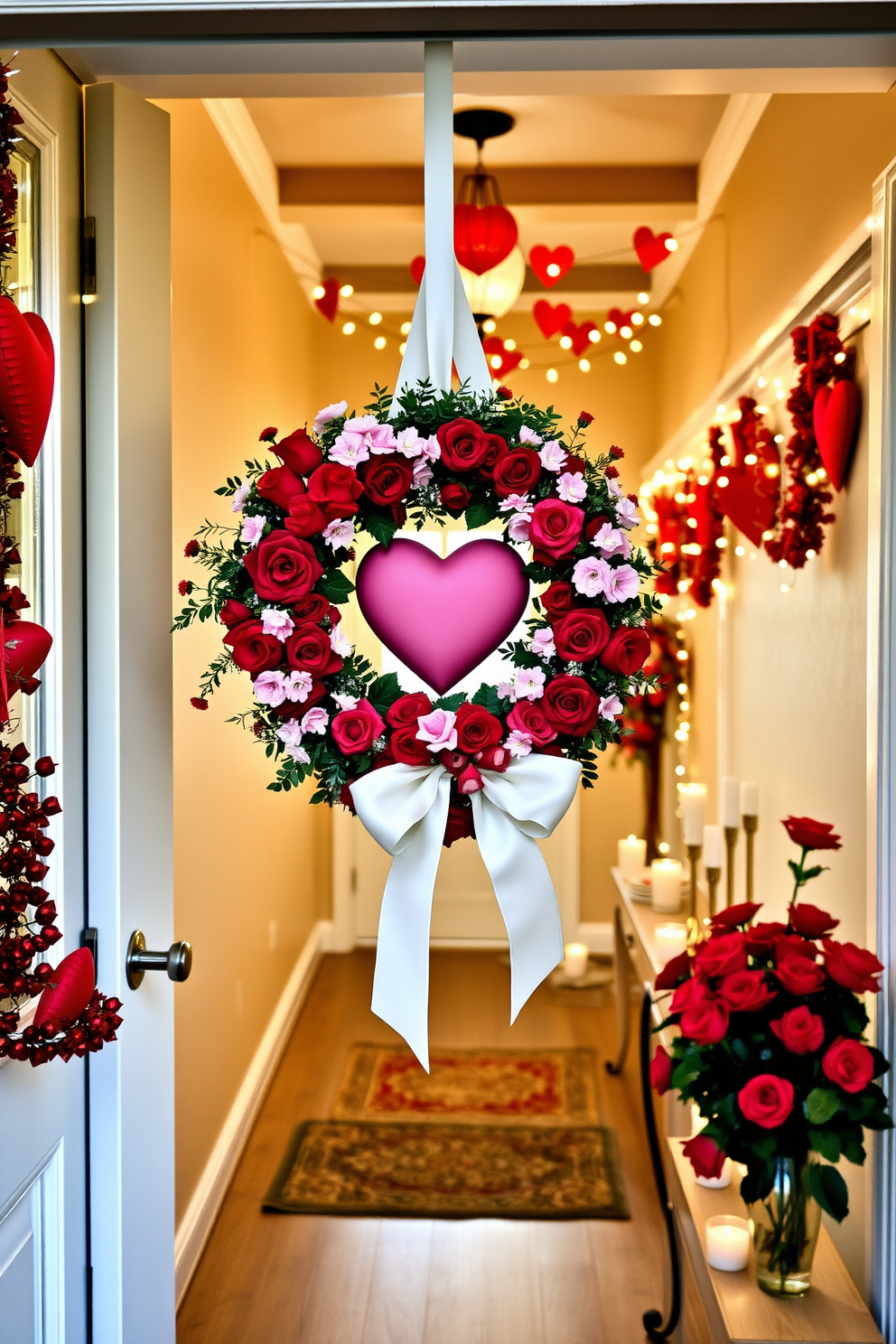 A beautifully crafted Valentine themed wreath adorns the front door, featuring a mix of red and pink flowers along with heart-shaped accents. The wreath is complemented by a soft white bow, creating an inviting and romantic entryway. The hallway is elegantly decorated for Valentine's Day, with string lights draped along the walls and heart-shaped garlands hanging from the ceiling. A small table is set with candles and a vase filled with fresh roses, enhancing the festive atmosphere.