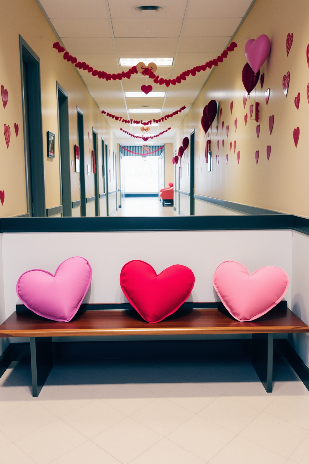 Colorful heart-shaped pillows are artfully arranged on sleek wooden benches, adding a playful touch to the hallway. The walls are adorned with festive decorations, creating a warm and inviting atmosphere for Valentine's Day.