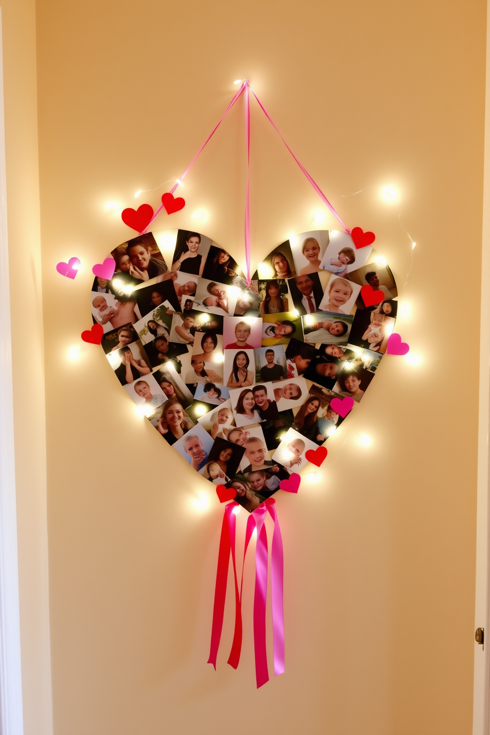 A charming DIY heart-shaped photo collage display adorns the hallway walls. The collage features an assortment of cherished photographs arranged in a heart shape, surrounded by soft fairy lights for a warm glow. To enhance the Valentine's Day theme, the display incorporates red and pink paper hearts scattered around the photos. Delicate ribbons hang from the collage, adding a festive touch that invites love and joy into the space.