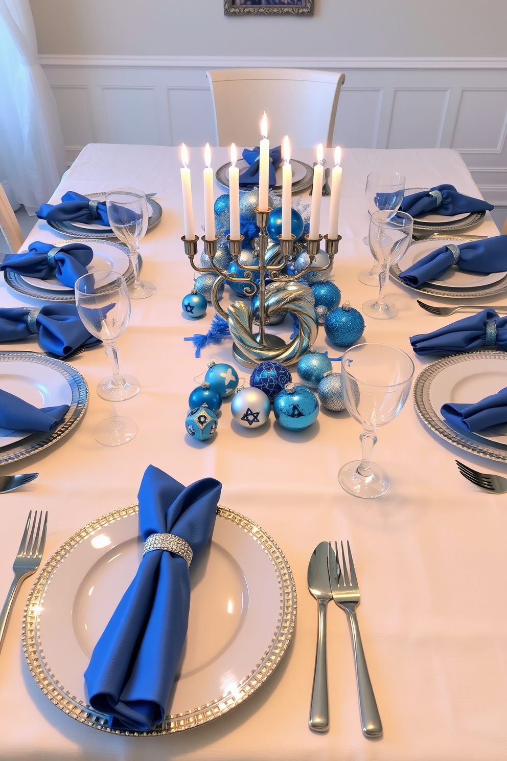 A festive table setting for Hanukkah featuring blue and white colors. The table is adorned with elegant dinnerware, sparkling silverware, and delicate blue napkins folded neatly at each place setting. In the center, a beautiful menorah shines with lit candles, surrounded by decorative dreidels and small blue and white ornaments. Soft white table linens provide a cozy backdrop, enhancing the festive atmosphere of the celebration.