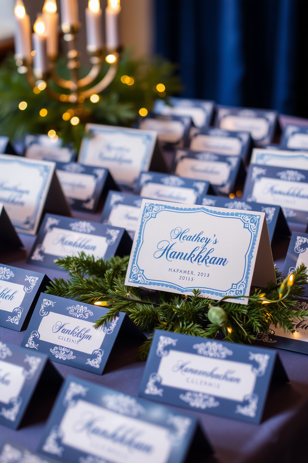 Personalized place cards for guests. Each card features a unique design that reflects the individual's personality and is embellished with elegant calligraphy. Hanukkah decorating ideas. Incorporate traditional blue and silver colors with creative centerpieces, such as menorahs surrounded by seasonal greenery and twinkling fairy lights.