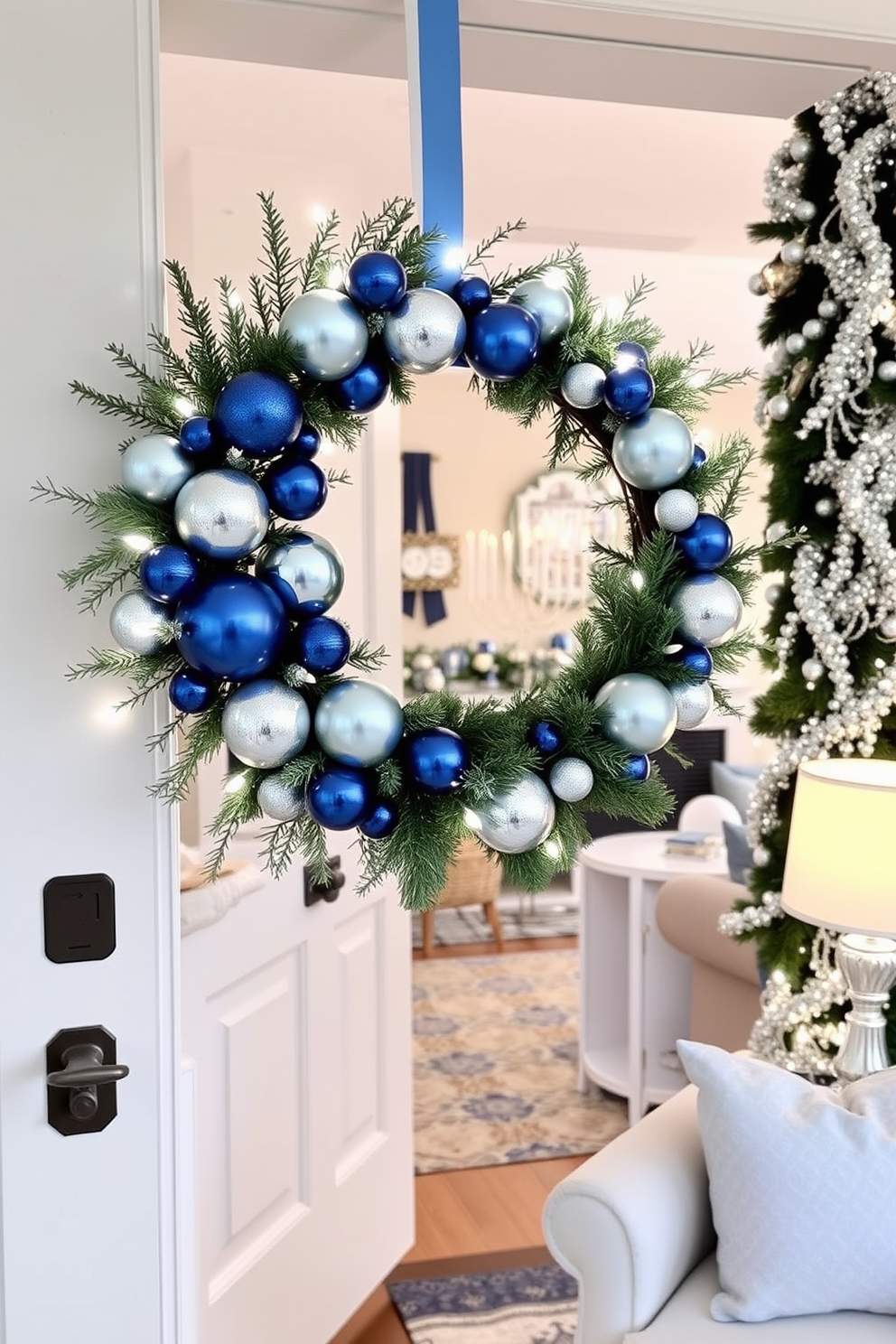 A stylish Hanukkah wreath adorns the front door, featuring blue and silver ornaments interspersed with white lights. The elegant design incorporates natural greenery, creating a festive and inviting entrance for the holiday season. Inside, the living room is decorated with a beautiful menorah placed on the mantel, surrounded by shimmering garlands. Soft blue and silver accents throughout the space enhance the Hanukkah theme, creating a warm and welcoming atmosphere.