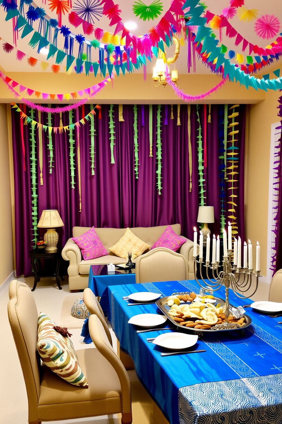 A vibrant living room adorned with colorful paper garlands that drape elegantly across the ceiling, adding a festive touch. The walls are painted in a warm cream color, and a cozy seating area features a plush sofa with colorful throw pillows and a coffee table decorated with candles and seasonal decor. A beautifully arranged dining table set for a Hanukkah celebration, complete with a blue and silver tablecloth. The table is adorned with decorative menorahs, a platter of traditional foods, and colorful paper garlands that enhance the festive atmosphere.