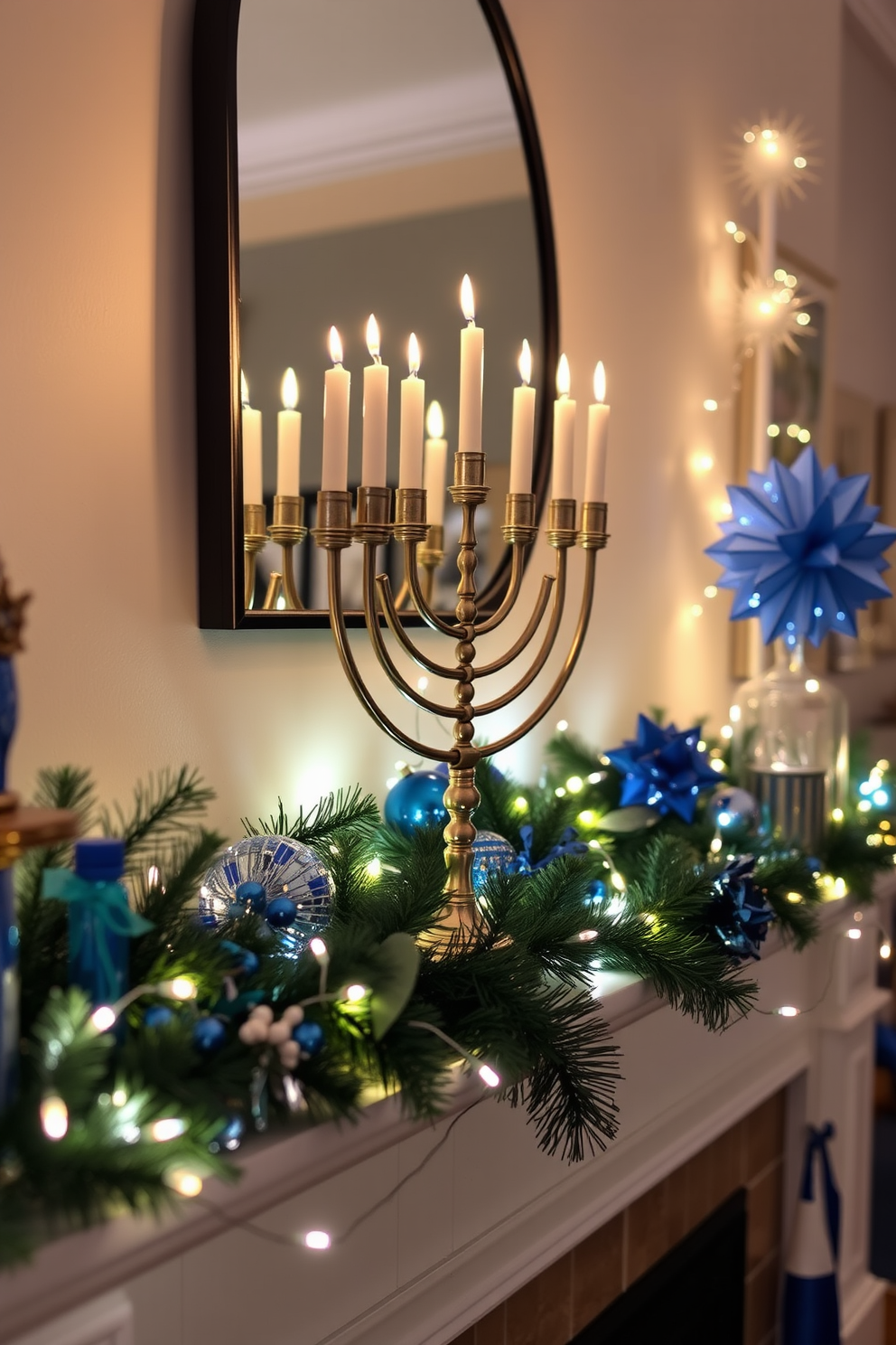 A vintage menorah is elegantly displayed on the mantel, surrounded by twinkling fairy lights that create a warm and inviting atmosphere. Festive decorations in shades of blue and silver adorn the space, enhancing the spirit of Hanukkah throughout the room.