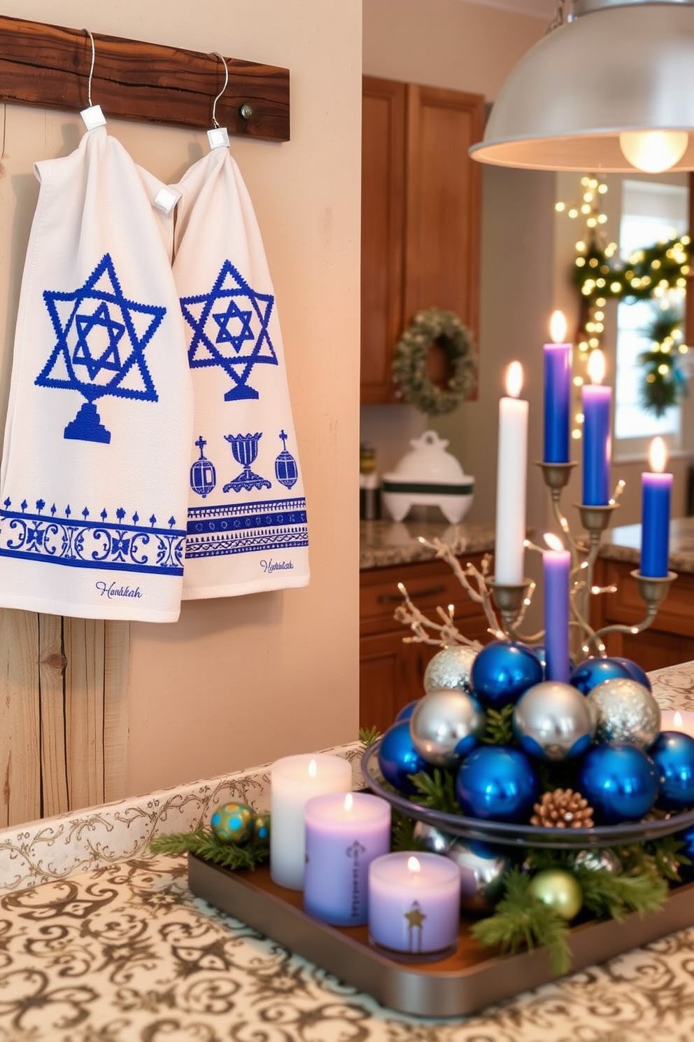 Charming Hanukkah-themed kitchen towels are displayed on a rustic wooden rack. The towels feature vibrant blue and white designs, showcasing menorahs and dreidels, adding a festive touch to the kitchen decor. For Hanukkah decorating ideas, the kitchen is adorned with twinkling string lights and a beautiful centerpiece of blue and silver ornaments. A collection of colorful candles is arranged on the countertop, creating a warm and inviting atmosphere for holiday gatherings.