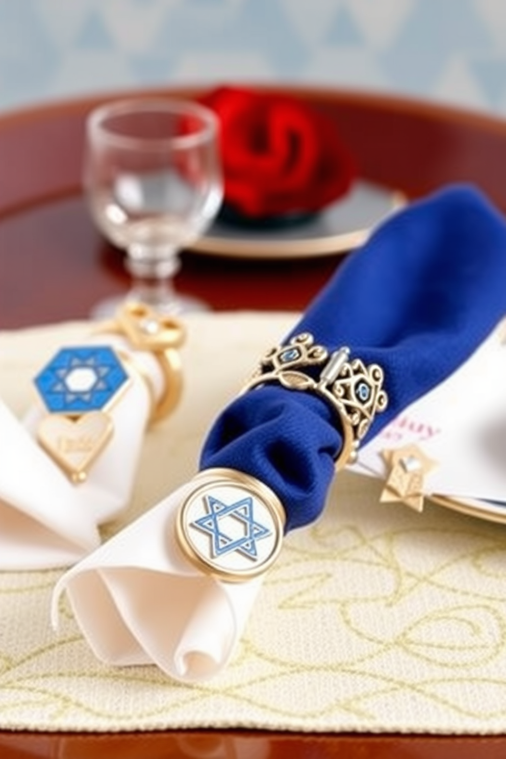 Festive napkin rings adorned with traditional holiday motifs create a charming table setting. Each ring features intricate designs inspired by the symbols of Hanukkah, adding a touch of elegance to your dining experience. Incorporate vibrant colors and textures to enhance the festive atmosphere. These decorative accents beautifully complement your Hanukkah decor, making your table truly inviting for family and friends.