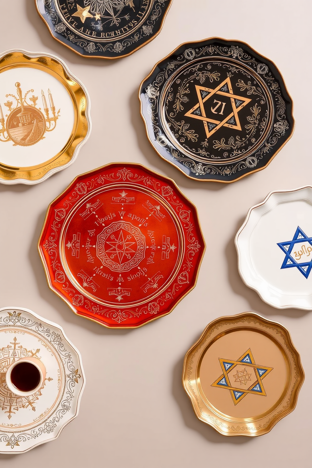 A collection of elegant decorative trays designed for serving festive treats during Hanukkah. The trays feature intricate designs and rich colors, adorned with symbols of the holiday, creating a warm and inviting atmosphere for gatherings.