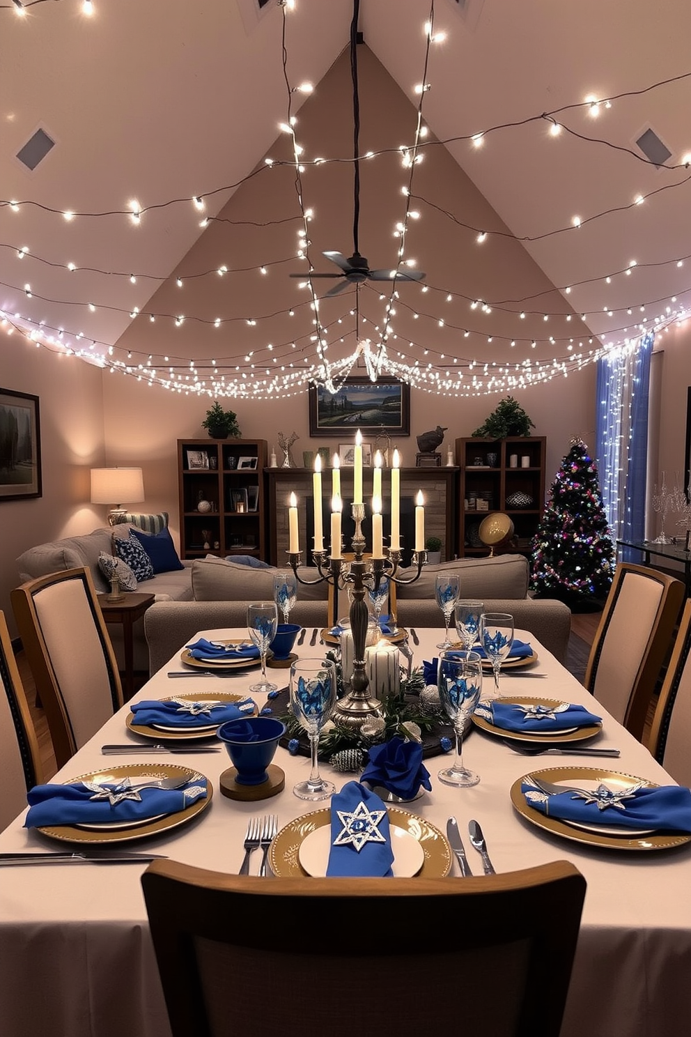 A warm and inviting living room adorned with string lights draped across the ceiling to create a cozy atmosphere. The lights emit a soft glow, enhancing the festive spirit of the Hanukkah decorations throughout the space. A beautifully set dining table features a menorah at the center, surrounded by blue and silver accents. The table is adorned with elegant tableware and festive napkins, inviting family and friends to gather and celebrate the holiday together.