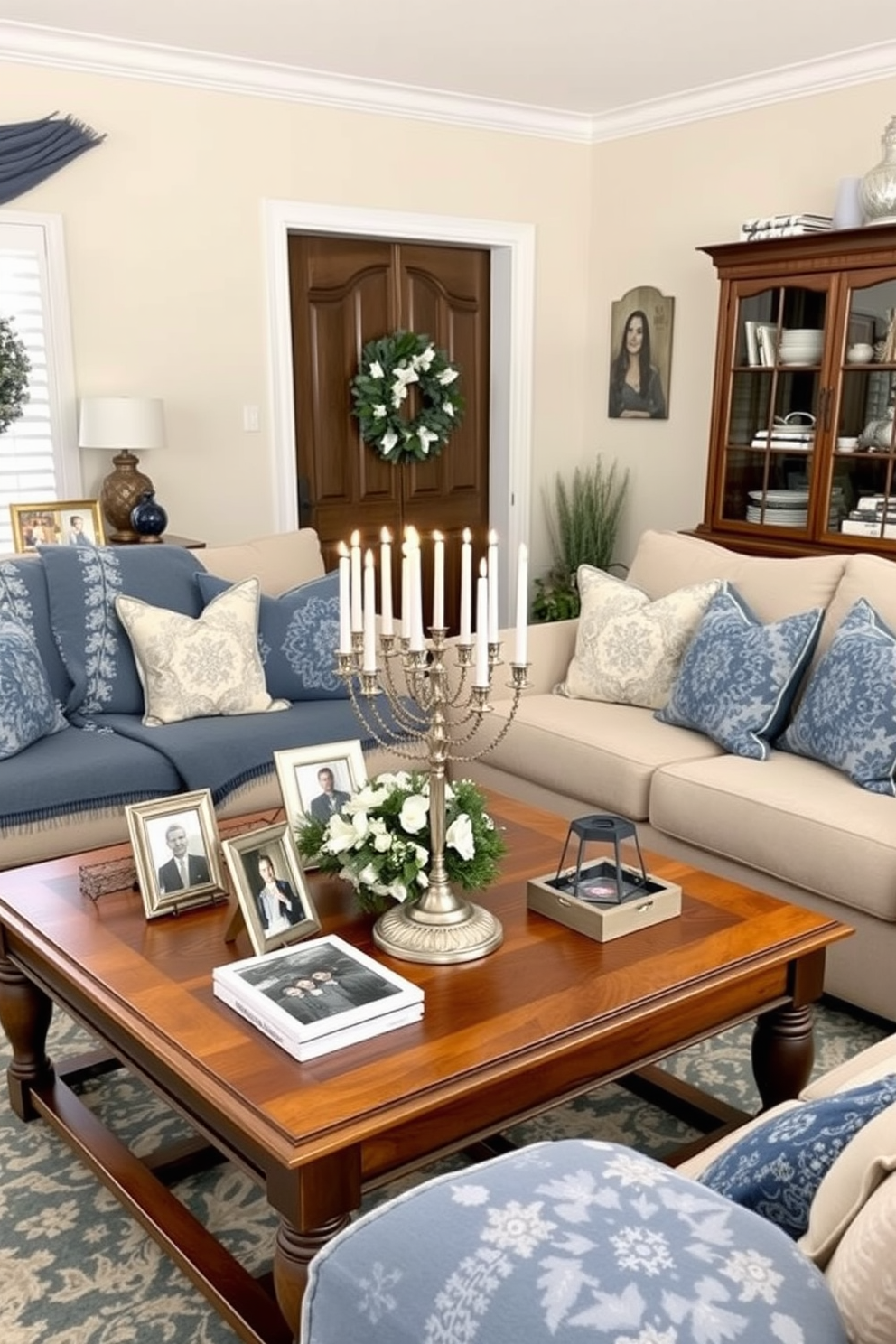 A cozy living room decorated for Hanukkah features a beautifully adorned menorah placed on a wooden coffee table surrounded by family photos in elegant frames. The walls are adorned with soft blue and silver decorations, while a plush sofa is draped with festive blankets and pillows showcasing traditional motifs.