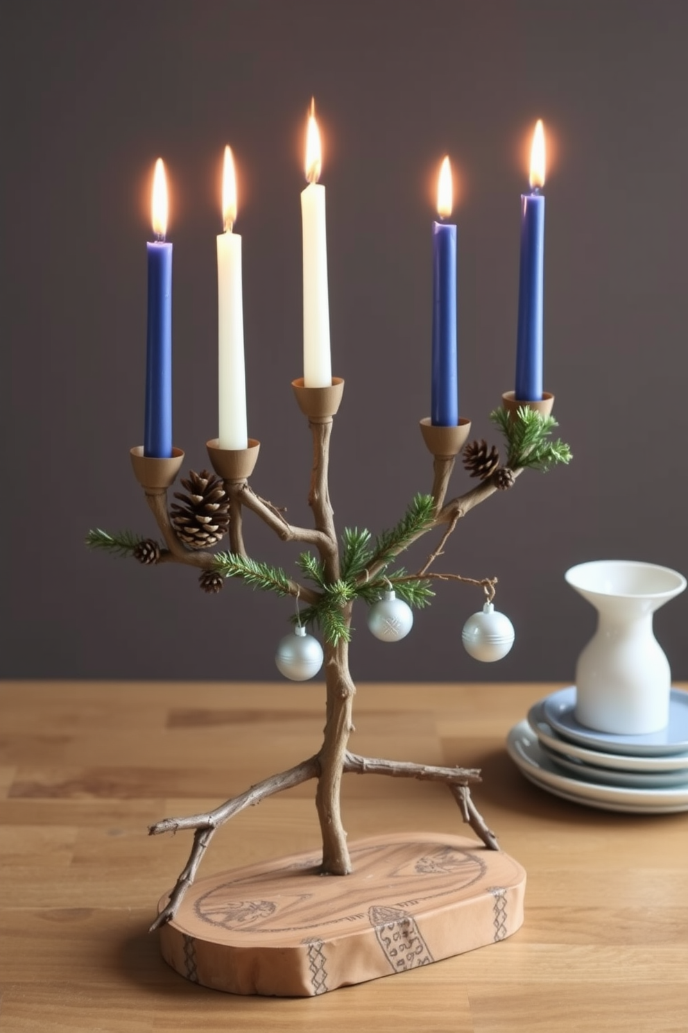 A DIY menorah crafted from natural elements features branches artfully arranged to form the base. Each branch holds a candle, creating a warm and inviting glow, while pinecones and greenery are intertwined for a festive touch. For Hanukkah decorating ideas, incorporate handmade ornaments using recycled materials to add a personal flair. Soft blue and silver tones can be used throughout the space to evoke a serene and celebratory atmosphere.