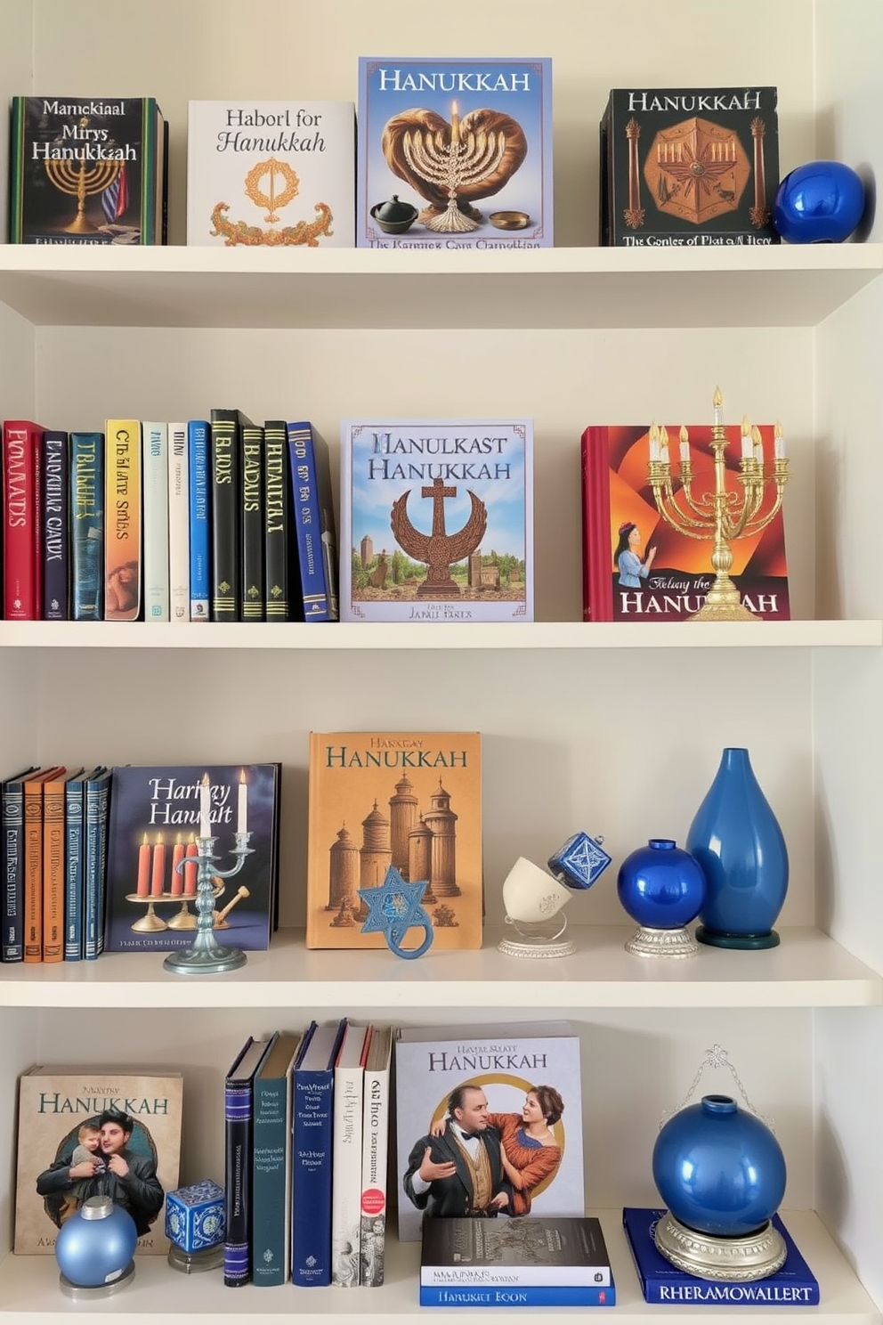 Adorn shelves with a curated collection of Hanukkah books featuring beautiful covers and rich colors. Incorporate decorative elements such as menorahs and dreidels alongside the books to create a festive atmosphere. Use blue and silver accents to enhance the Hanukkah theme throughout the display. Add soft lighting to highlight the shelves and create a warm, inviting space for holiday gatherings.