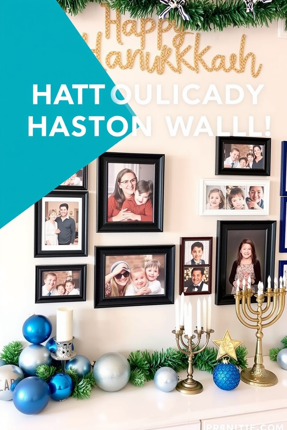 Create a holiday-themed photo wall celebrating Hanukkah. The wall features a mix of framed family photos and festive decorations, including blue and silver ornaments and menorahs.