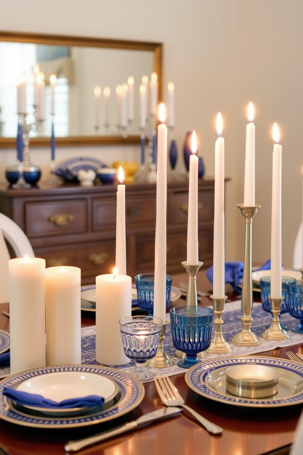 Create a cozy and festive atmosphere with an array of candles in varied heights. Arrange them on a beautifully set dining table adorned with blue and silver accents, reflecting the spirit of Hanukkah.