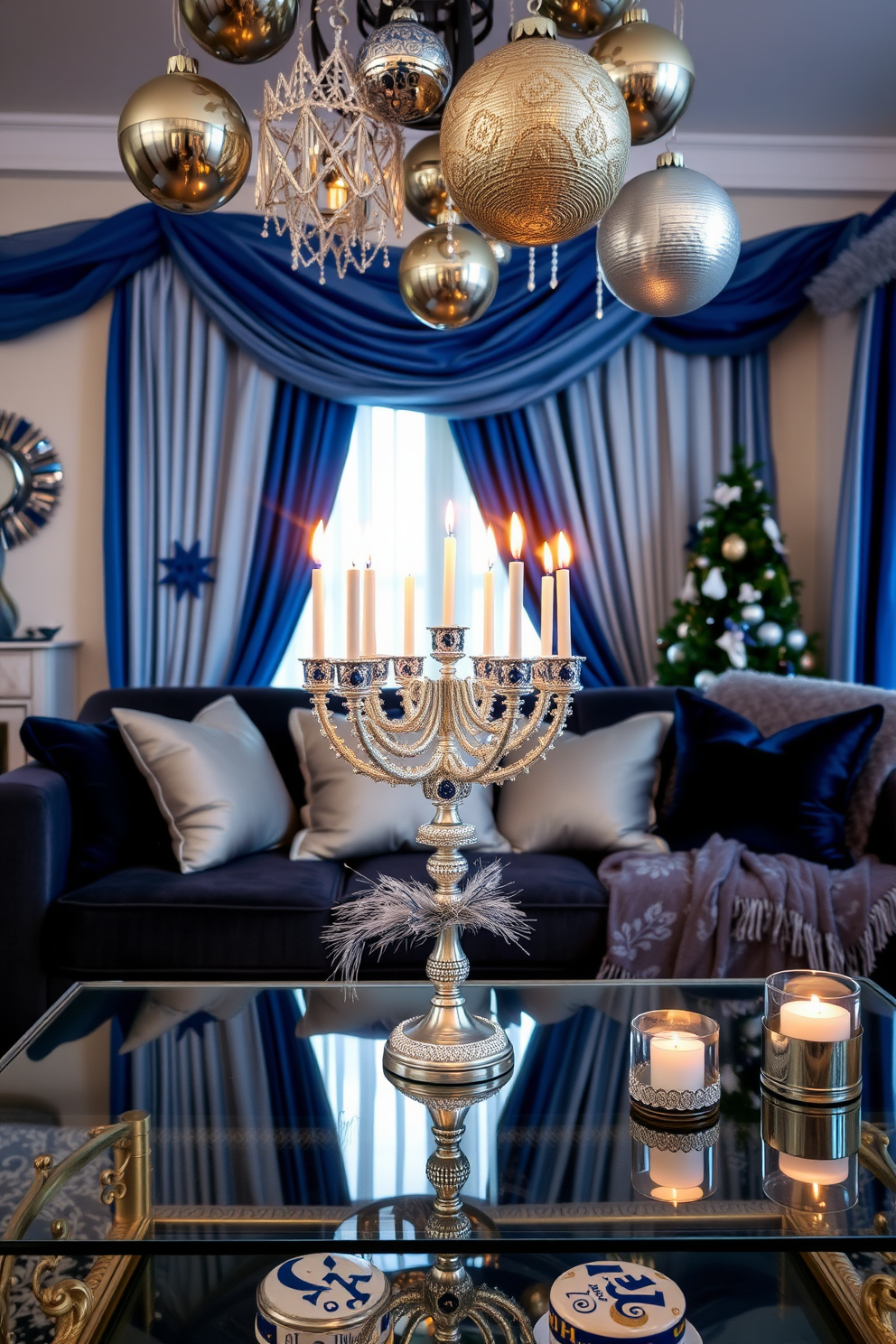 A festive living room adorned for Hanukkah features a beautifully decorated menorah with shimmering silver and gold accents placed on a glass coffee table. The walls are draped with elegant blue and white decorations, while metallic ornaments hang from the ceiling, adding a touch of sophistication to the holiday ambiance. A cozy sofa is adorned with plush cushions in rich navy and silver tones, complemented by a luxurious throw blanket. Soft lighting from decorative candles enhances the atmosphere, creating a warm and inviting space for family gatherings during the celebration.