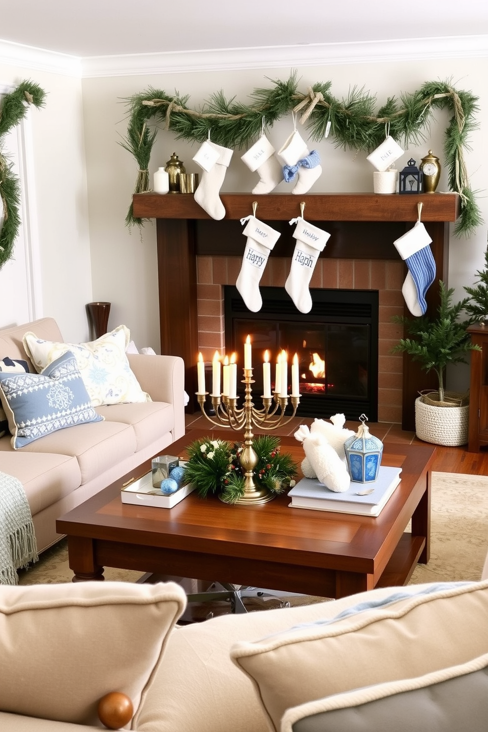 Create a warm and inviting living room for Hanukkah. Incorporate handmade ornaments into the decor, such as a beautifully crafted menorah on the coffee table and hand-knit stockings hanging by the fireplace. Adorn the walls with festive garlands made from natural materials. Use soft blue and white color schemes throughout the space, complemented by cozy throws and cushions that reflect traditional Hanukkah themes.