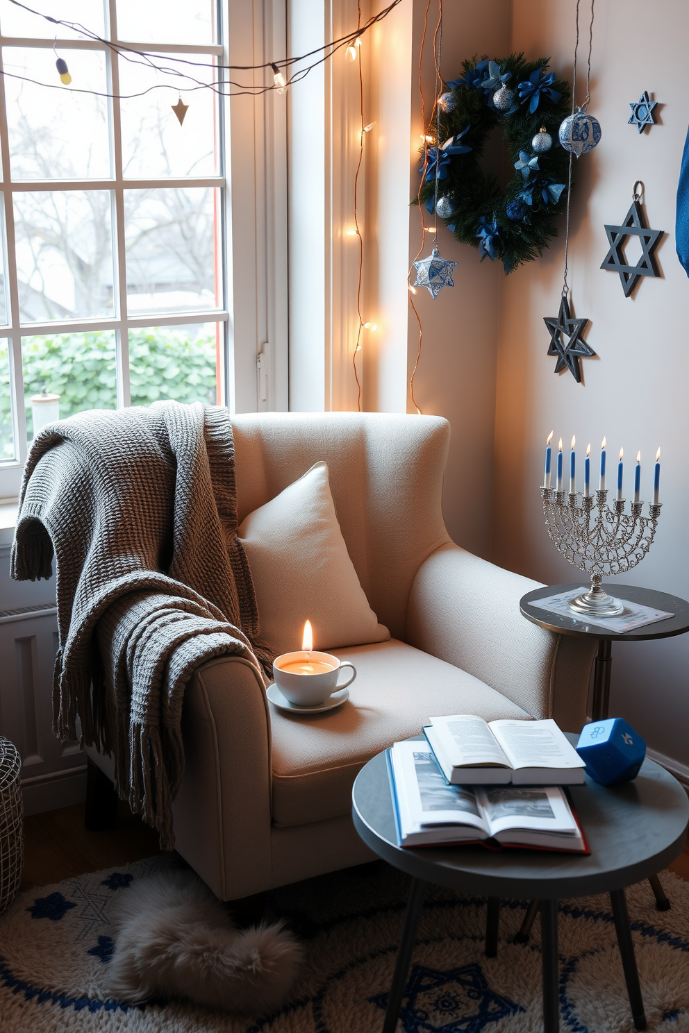 A cozy reading nook featuring a plush armchair upholstered in soft fabric, positioned beside a large window that lets in natural light. A small side table holds a steaming cup of tea and a stack of books, while a warm throw blanket drapes over the armchair. For Hanukkah decorating ideas, the space is adorned with blue and silver accents, including a beautifully crafted menorah on the table. Twinkling fairy lights hang above, creating a warm and inviting atmosphere, complemented by festive decorations like dreidels and Star of David ornaments.