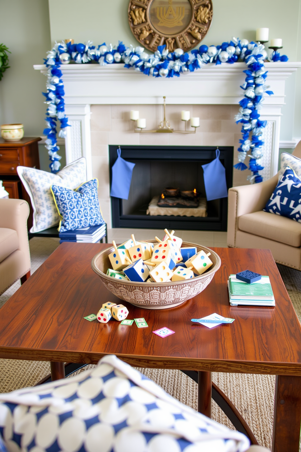 Display traditional games in a stylish way. Arrange dreidels and gelt in a decorative bowl on a wooden coffee table surrounded by cozy seating. For Hanukkah decorating ideas, drape blue and silver garlands across the mantel. Incorporate menorahs and festive candles to create a warm and inviting atmosphere.