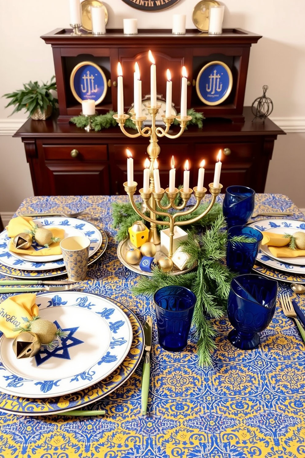 Create a festive dining table setting for Hanukkah with bold patterned tableware. Incorporate vibrant blues and golds in the plates, cups, and tablecloth to celebrate the holiday spirit. Adorn the table with a beautiful menorah as the centerpiece, surrounded by decorative dreidels and colorful napkins. Add fresh greenery and candles to enhance the warm and inviting atmosphere.