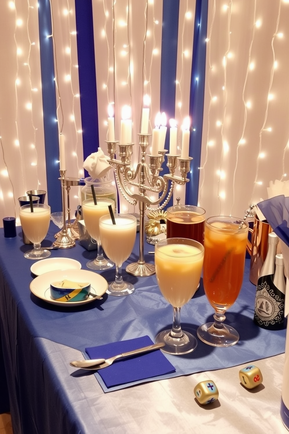 Create a festive drink station for Hanukkah featuring a beautifully arranged table with a blue and silver color scheme. Include a variety of drinks such as hot cocoa, spiced cider, and traditional Jewish beverages served in elegant glassware. Adorn the table with decorative elements like menorahs, dreidels, and festive napkins. Incorporate a backdrop of twinkling fairy lights to enhance the celebratory atmosphere and create a warm, inviting space for guests.