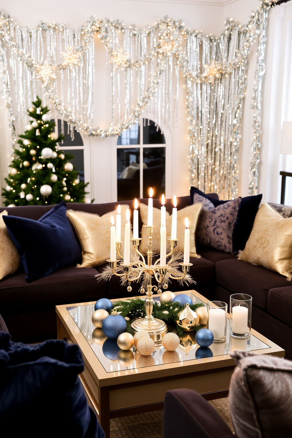 A festive living room adorned for Hanukkah features sparkling silver and gold accents throughout the space. A beautifully decorated menorah sits on the coffee table, surrounded by shimmering ornaments and candles that reflect the warm glow of the lights. The walls are draped with elegant garlands of silver and gold, creating a luxurious atmosphere. Plush cushions in rich navy and metallic hues are scattered on the sofa, inviting guests to relax and enjoy the celebration.