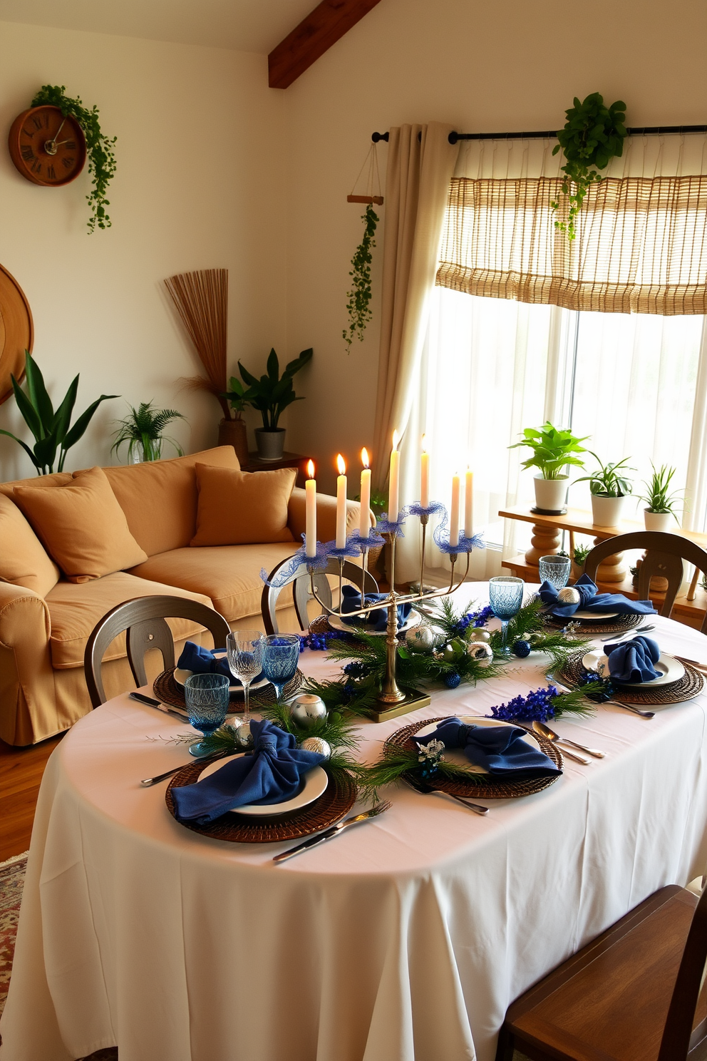 A cozy living room adorned with natural elements. The space features a large, soft sofa in earthy tones, surrounded by potted plants and wooden accents. A beautifully decorated Hanukkah table setting. The table is covered with a crisp white tablecloth, adorned with blue and silver decorations, and a menorah is placed at the center surrounded by festive candles.