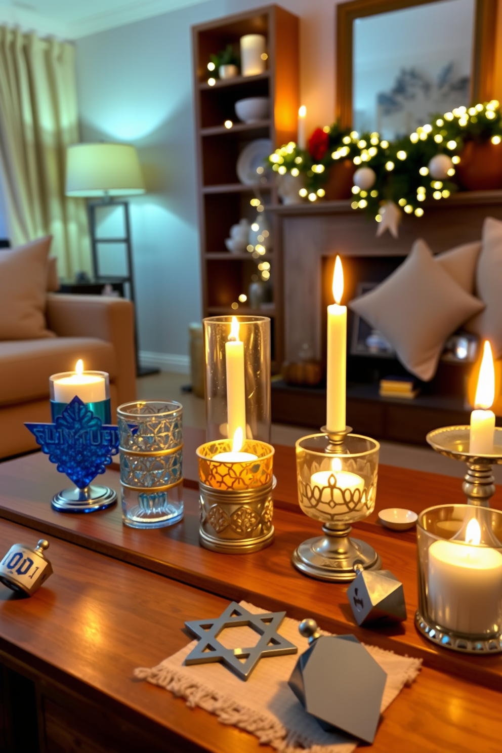 A cozy living room adorned with warm candlelight casting a soft glow throughout the space. Decorative holders in various shapes and sizes are placed on a wooden coffee table, surrounded by festive Hanukkah decorations like blue and silver menorahs and dreidels.