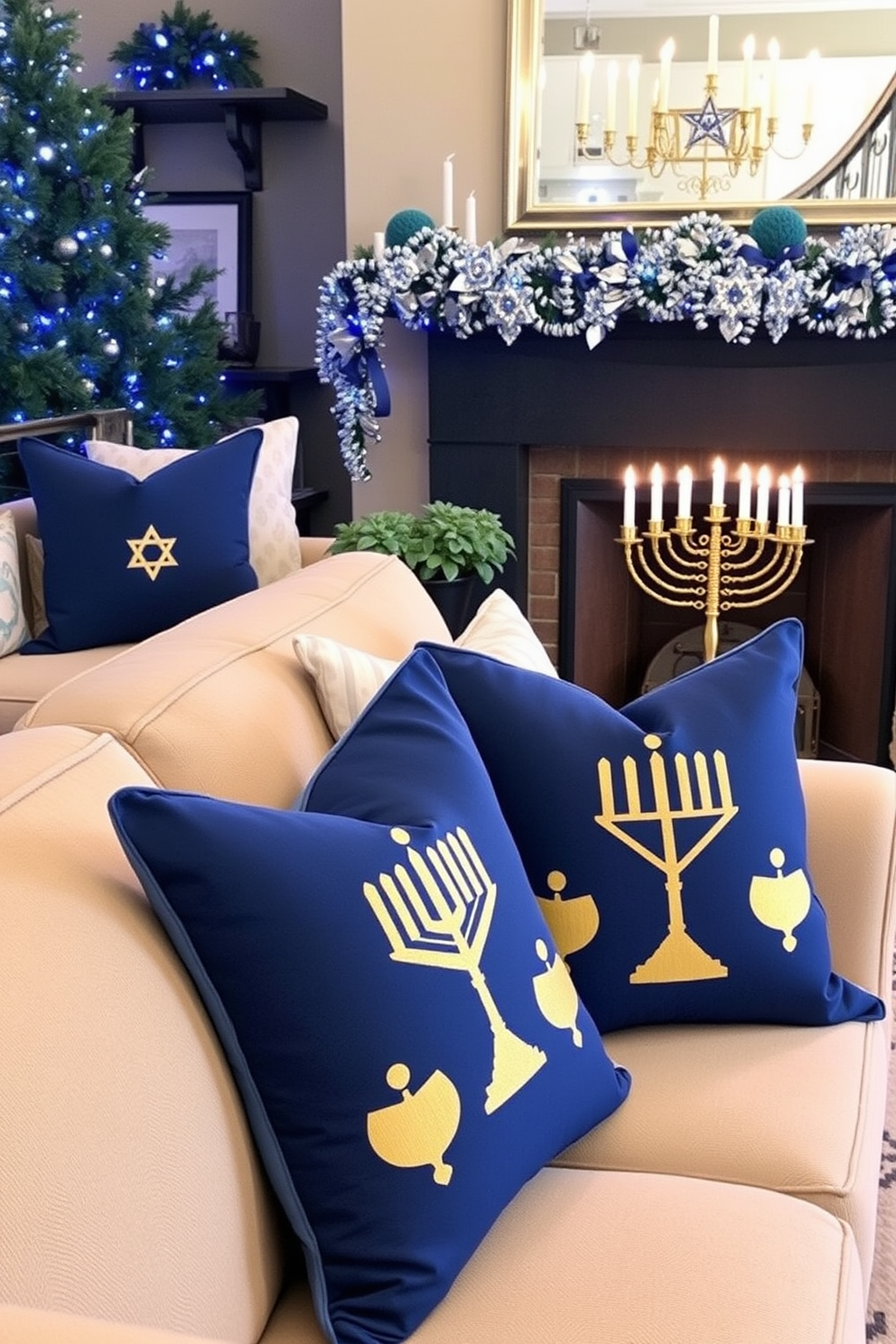 Create a cozy living room setting featuring Hanukkah-themed throw pillows that add comfort and warmth. The pillows should showcase traditional symbols such as menorahs and dreidels in rich blue and gold hues. Incorporate festive decorations throughout the room, including a beautifully adorned menorah on the coffee table and garlands of blue and silver lights draped across the mantel. The overall atmosphere should evoke a sense of celebration and togetherness, perfect for the Hanukkah season.