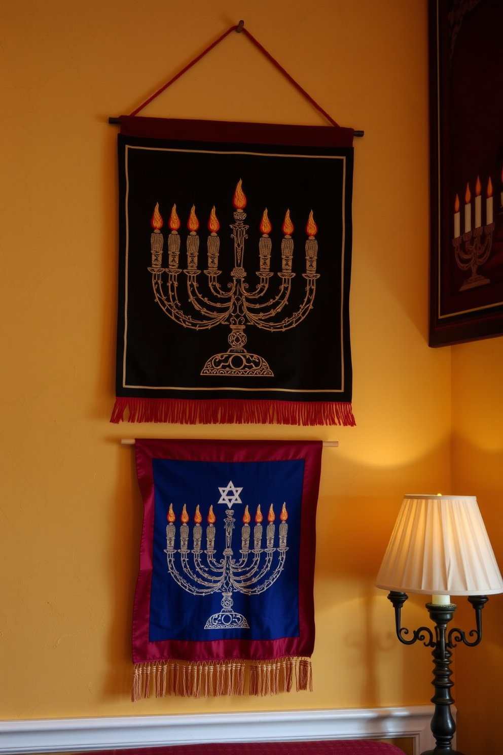 Artful wall hangings featuring intricate menorah designs adorn the walls, adding a festive touch to the space. The warm colors of the hangings complement the soft lighting, creating a cozy and inviting atmosphere for Hanukkah celebrations.